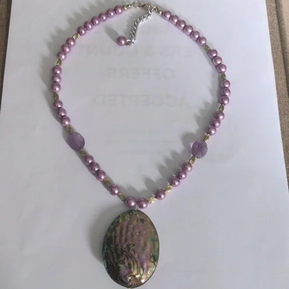 Purple Pearl & Abalone Pendant Necklace, New, Genuine Gems - Picture 6 of 8